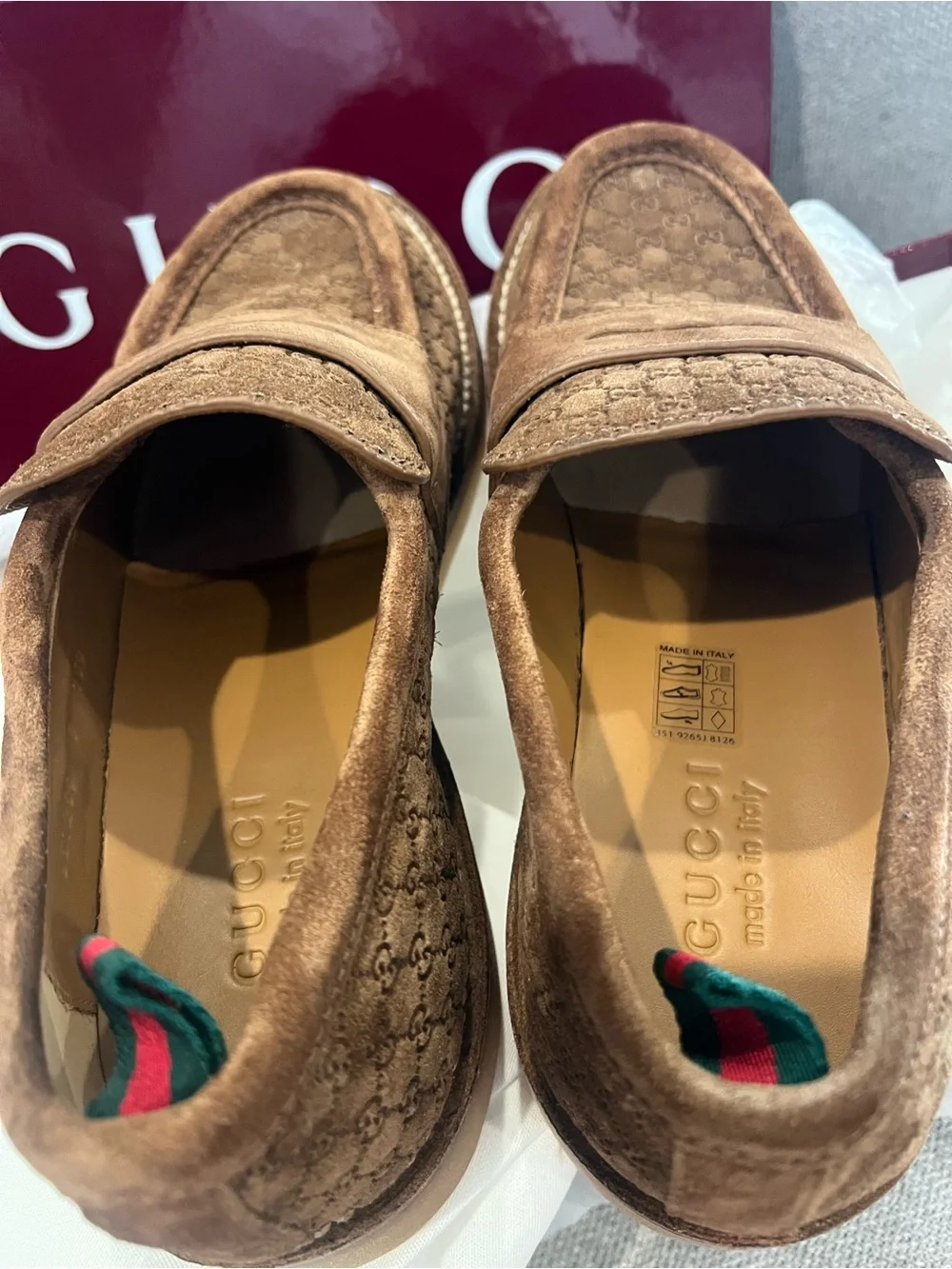 New GUCCI Men's Brown Suede GG Monogram Web Penny Loafers - UK Size 9 (US 10)